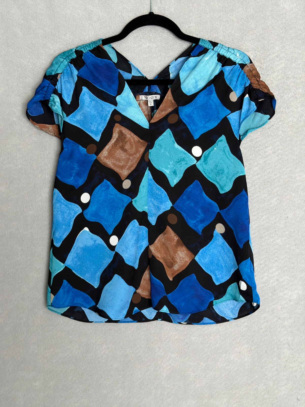 Nic + Zoe Sea Glass Top Ruched Cap Sleeve Woven Blue Multi Women's Small New